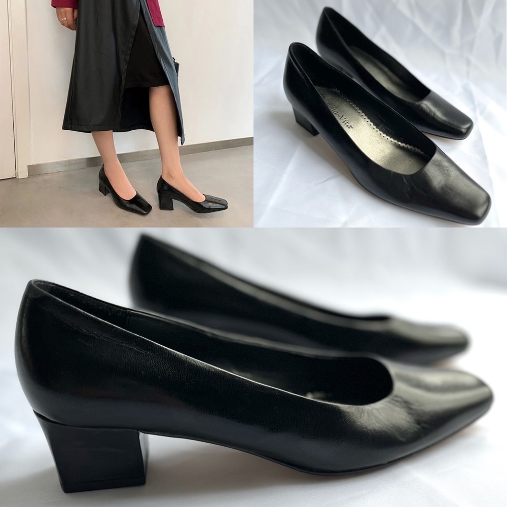 Bella Vita Timeless Black Leather Square Toe Chunky Block Heel Pumps Size 8N